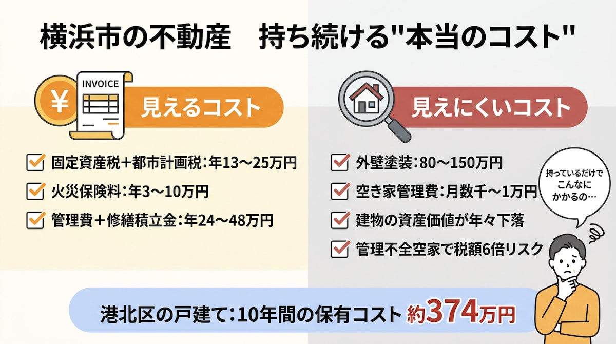 横浜市で不動産を持ち続ける場合の年間コスト（固定資産税・都市計画税・保険料・修繕費・管理費）と10年間の保有コストシミュレーションを整理したインフォグラフィック。