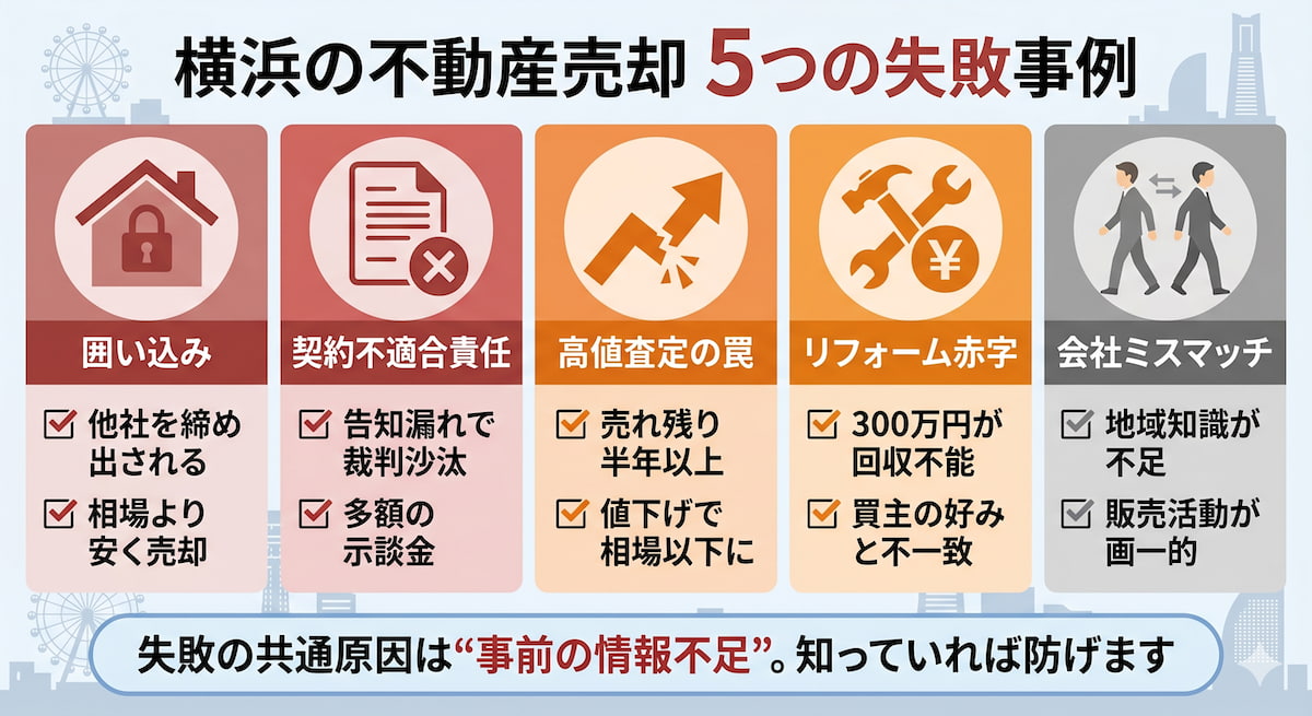  横浜の不動産売却でよくある5つの失敗事例（囲い込み・契約不適合責任・高値査定・リフォーム過投資・会社ミスマッチ）と回避策を整理したインフォグラフィック。