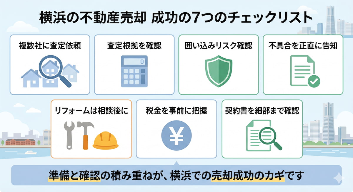 横浜の不動産売却を成功させるための7つの行動チェックリスト（複数査定・査定根拠確認・囲い込み対策・告知義務・リフォーム判断・税金把握・契約書確認）を整理したインフォグラフィック。