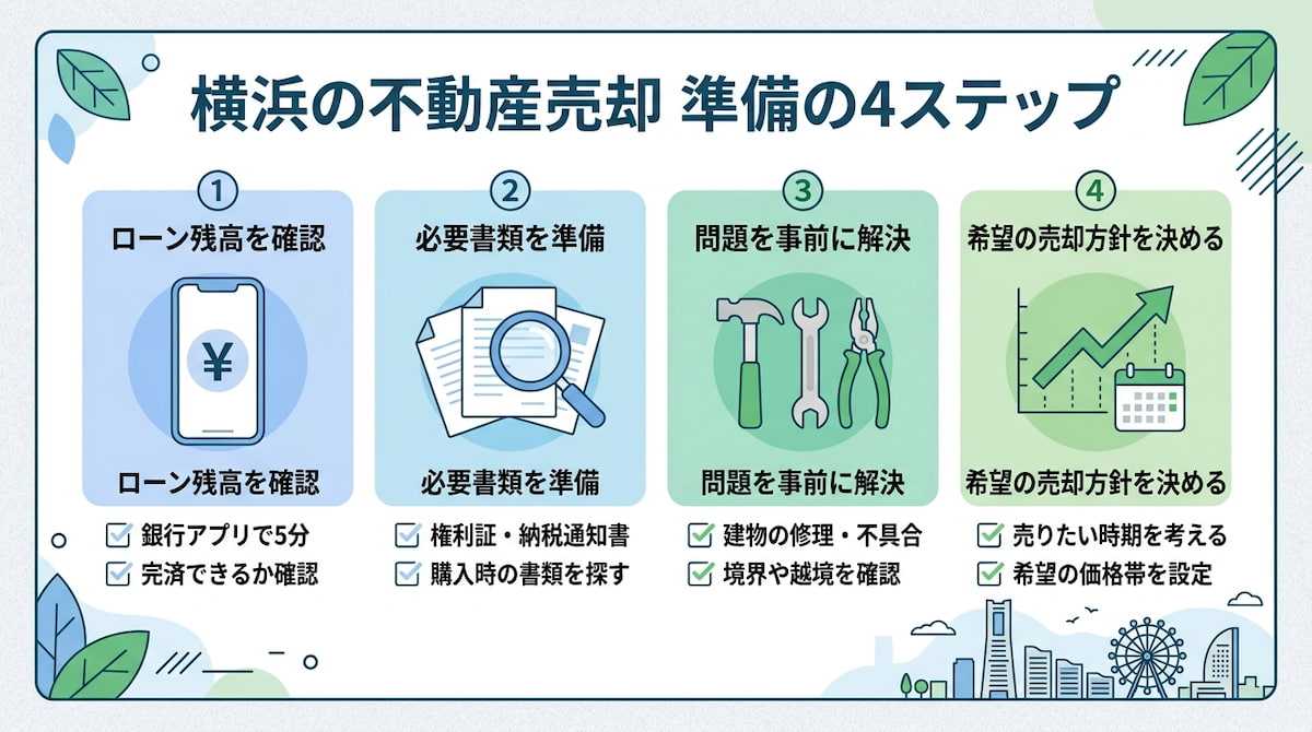 横浜の不動産売却を成功させるための準備4ステップ（ローン確認・書類準備・問題解決・タイミング見極め）と横浜市の売れやすい時期を整理したインフォグラフィック。